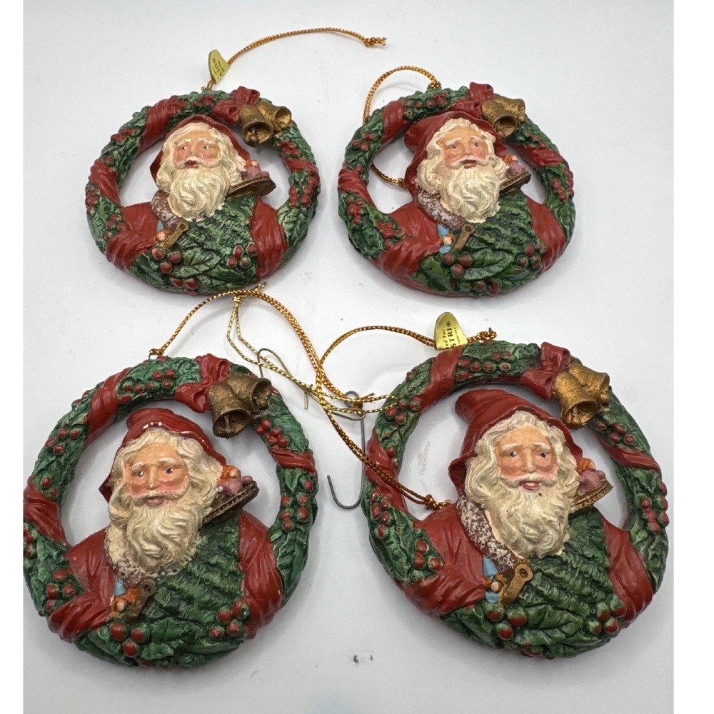 Silvestri Handcrafted Santa Wreath Christmas Ornaments Set of 4 Red Green Gold